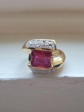 Gold Plated Cocktail Ring with Pink Center Stone and Pavé Accents Size 7